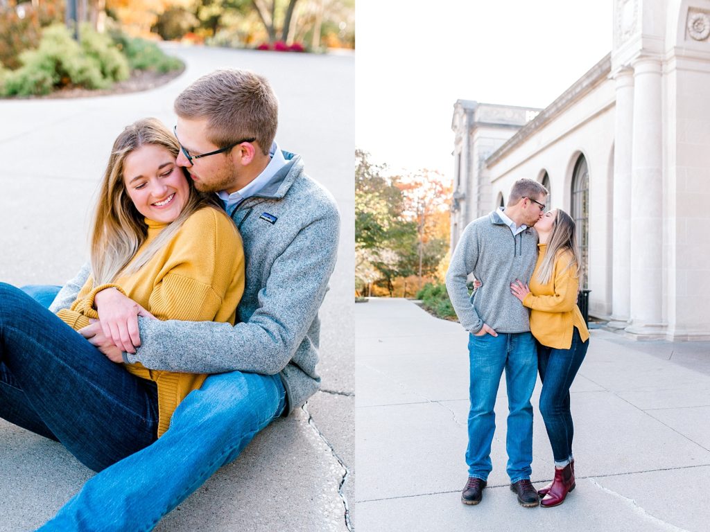 Engaged couple posing for engagement photos at Iowa State