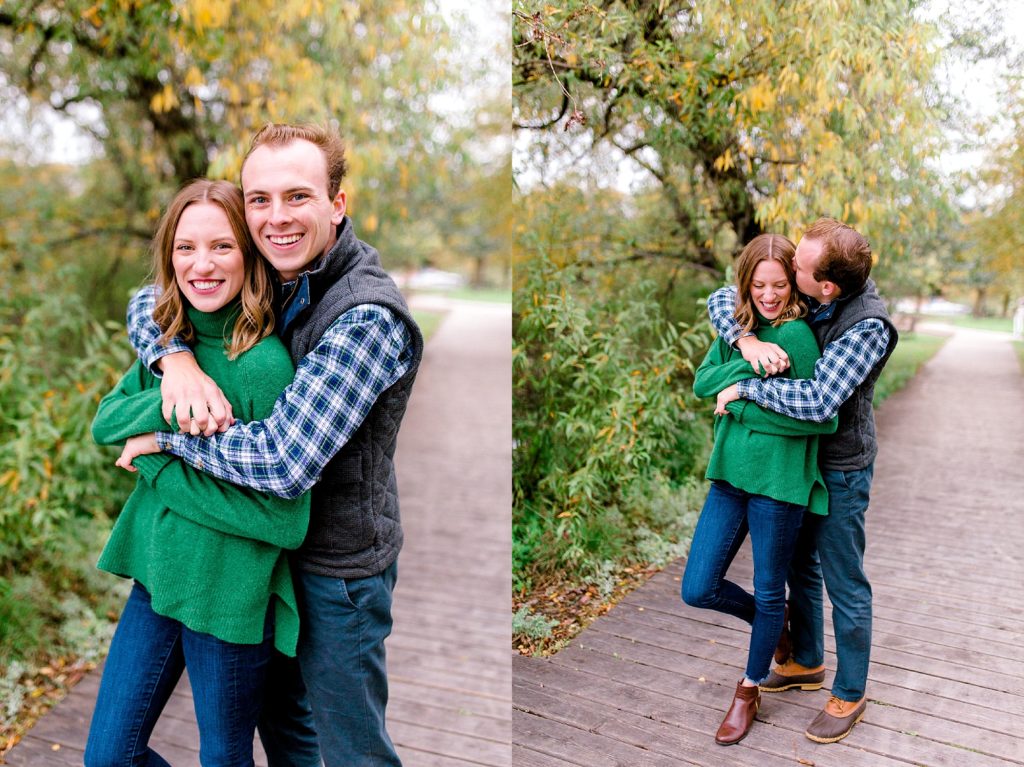 Couple in casual outfits for fall engagement photos