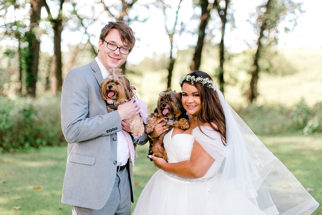 Bride and groom with dogs at Almquist Farm