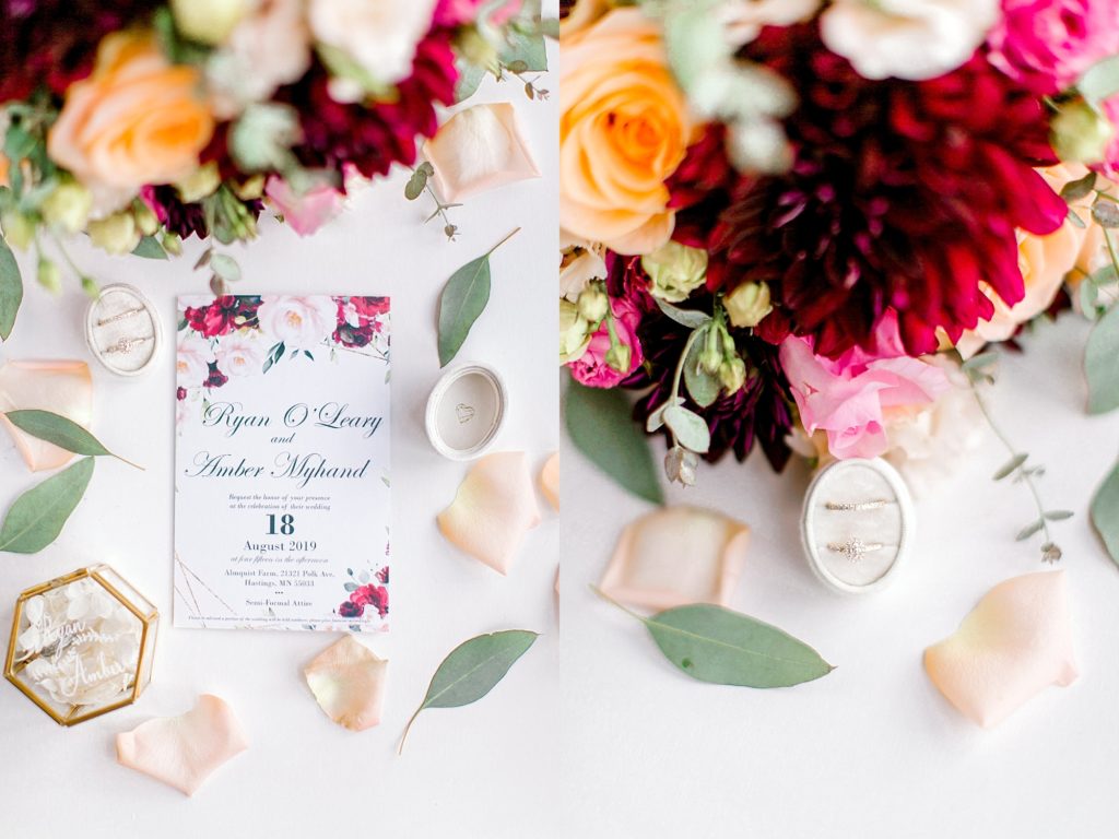 Invitation and rings for Almquist Farm wedding
