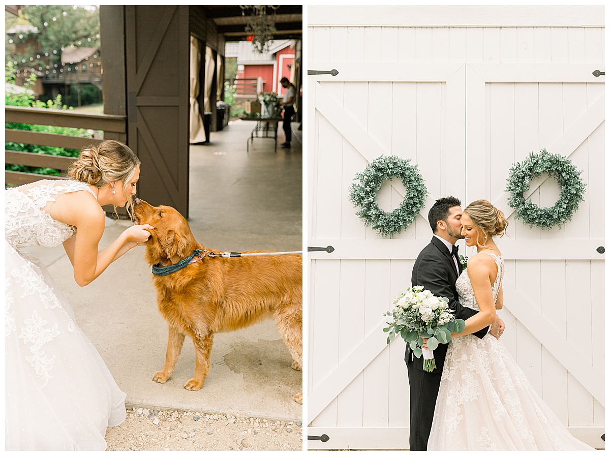 bride with dog at hope glen farm wedding