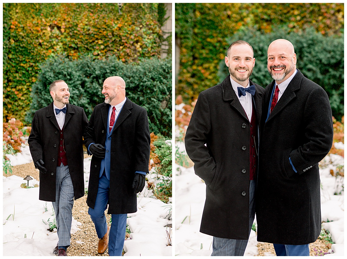 same-sex couple smiling for wedding photos