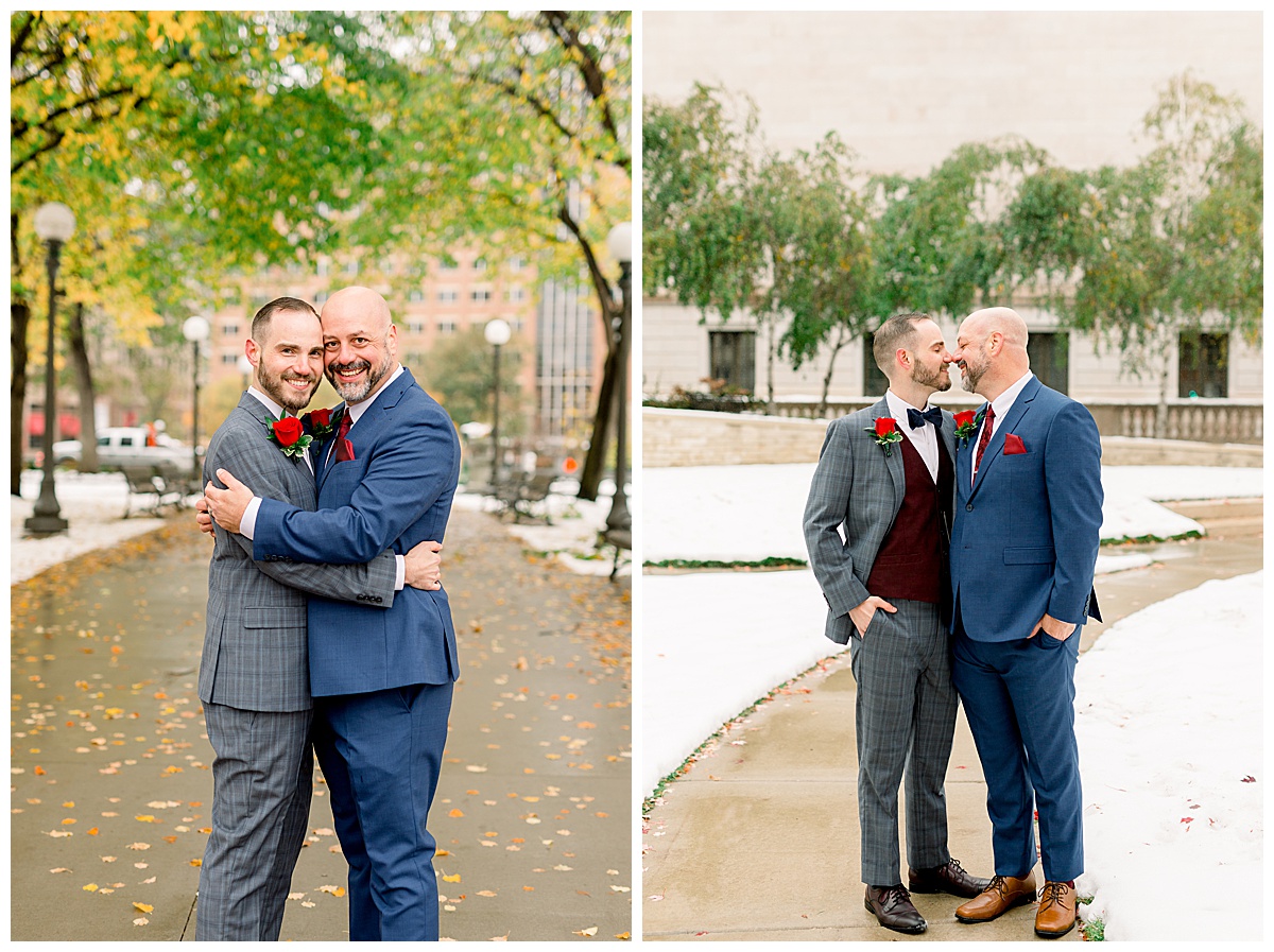 grooms hugging for wedding photos
