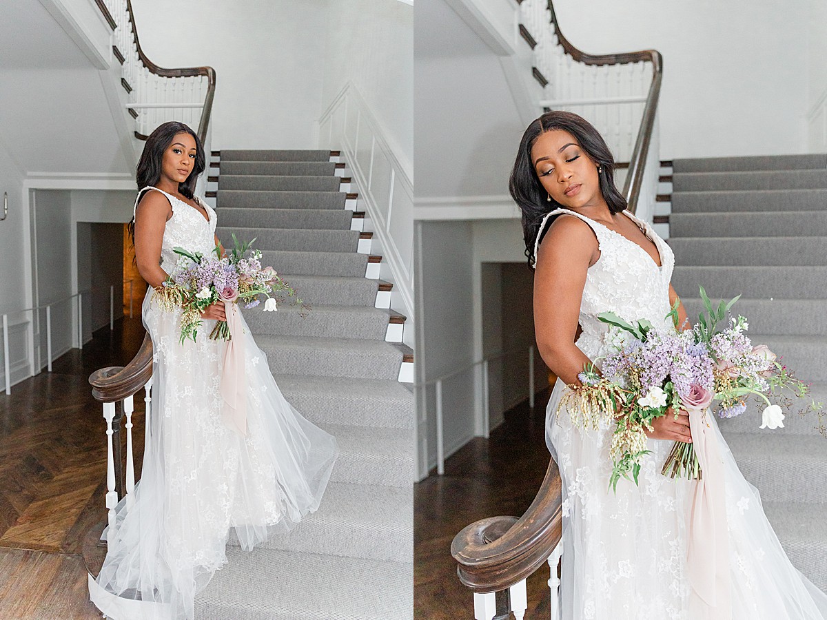 Bride posing on staircase